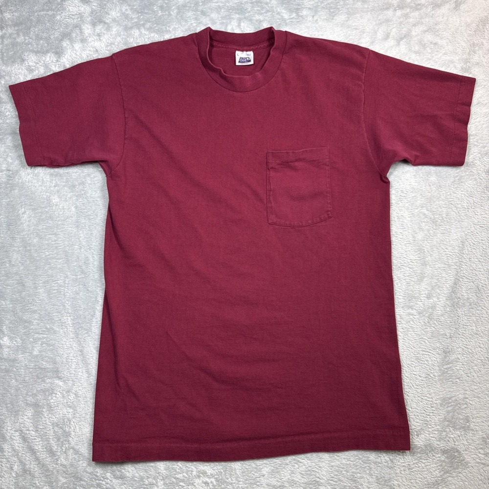 Vintage BVD Pocket Shirt Men Large Maroon Crewneck USA Single Stitch Selvedge